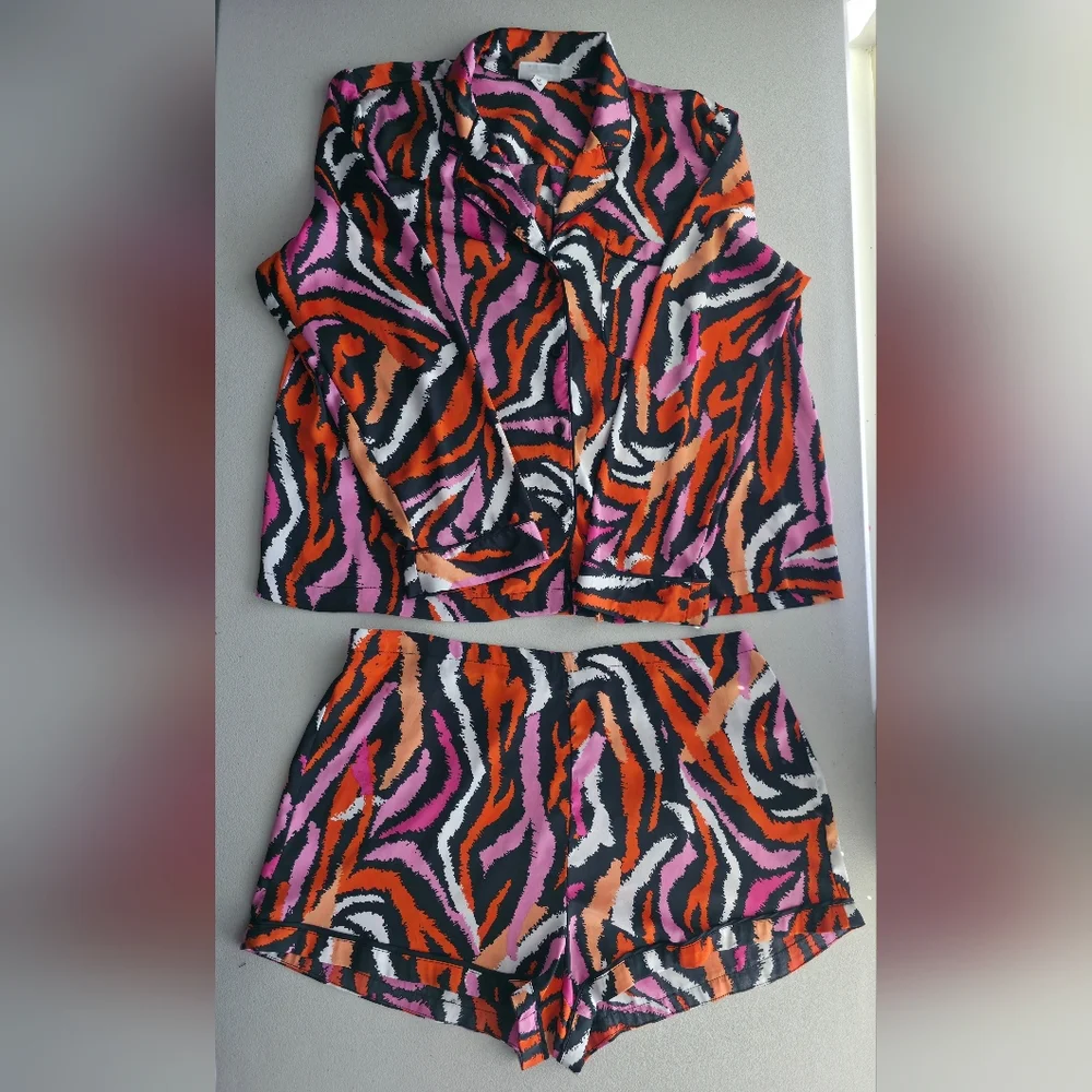 DVF for Target Satin Pajama Set Disco Zebra Pink Orange Vibrant Retro Boho Large - Picture 1 of 13